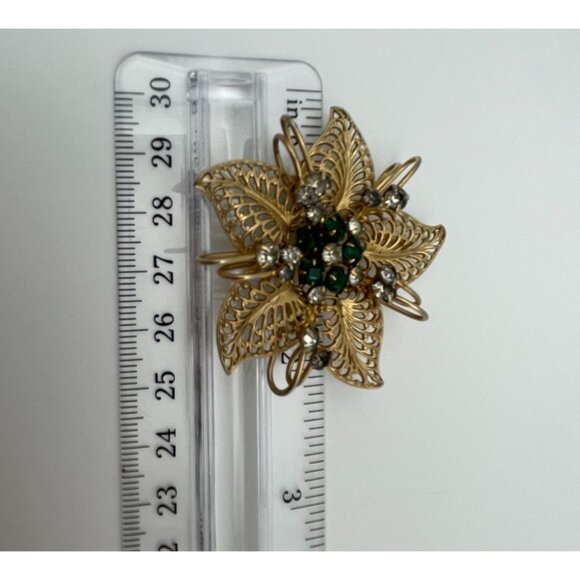 Vintage Gold Tone Brooch Pendant Star Flower Green and Clear Rhinestones 2" - Picture 11 of 11